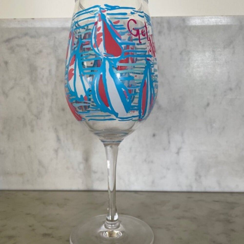 LILLY PULITZER Get Nauti Acrylic Wine Glass Goblet Blue White Pink Sailboat - Picture 7 of 12